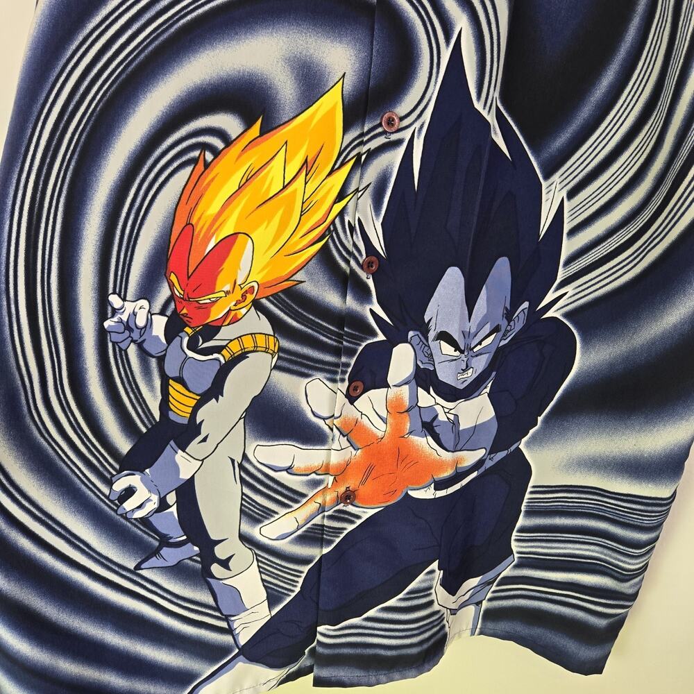 Vntg 2001 Dragon Ball Z Graphic Button Hawaiian Shirt Vegeta Vortex Anime 16 1/2